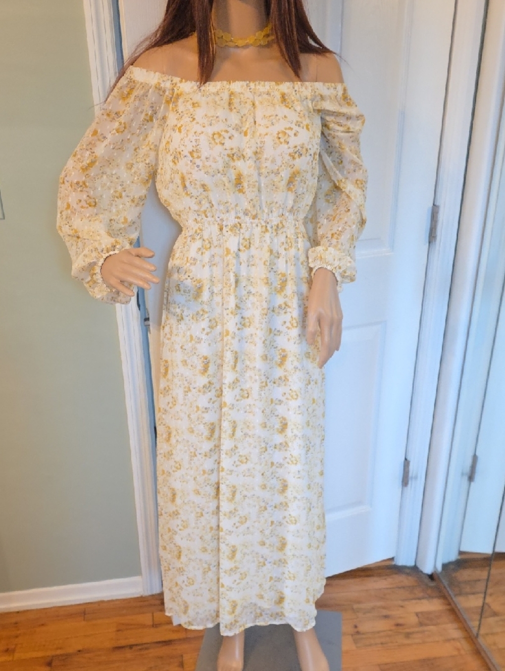 Lulus Yellow Floral Off Summer Midi Dress Romantic Boho Medium
